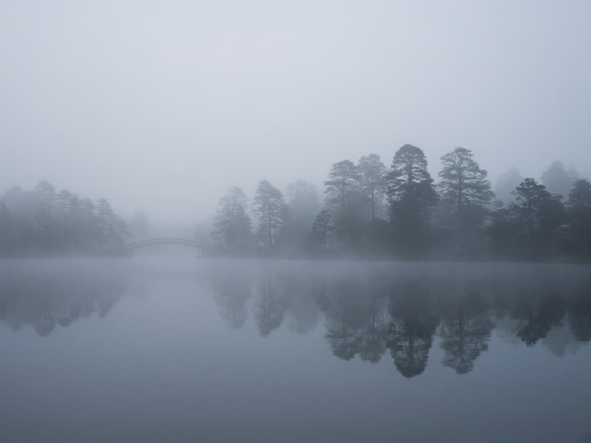 A lake wrapped in morning fog